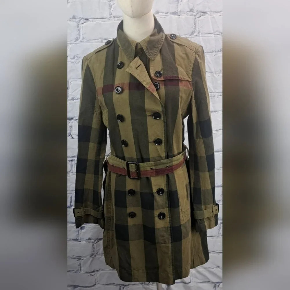 Burberry Womens Trench Coat Jacket Green Nova Check Cotton Linen Crombrook 8 US